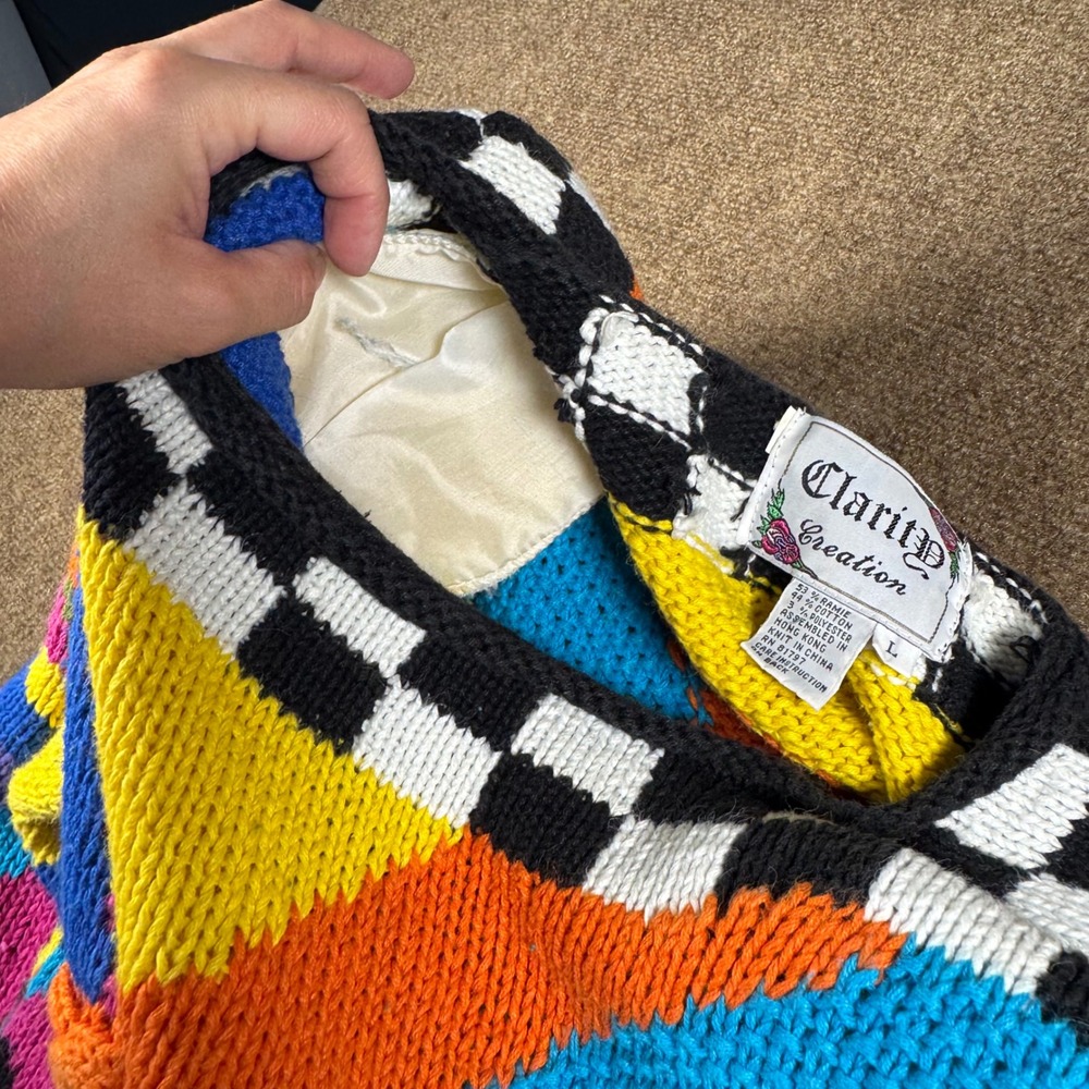 VTG Sweater Womens Large L 80s 90s Abstract Oversized Sweater Geometric Checker - Picture 13 of 13